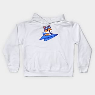 Cute Shiba Inu Dog Pilot Driving Paper Plane Cartoon Kids Hoodie